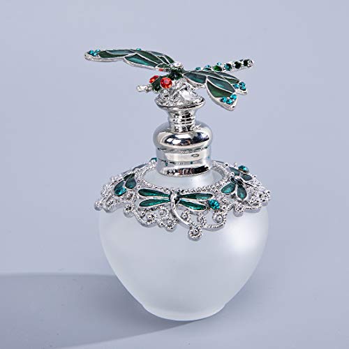 YU FENG Dragonfly Decorative Glass Perfume Bottle Jeweled Enameled Fancy Crystal Perfume Holder Container Scent Bottles Empty Refillable(Green,40ml)