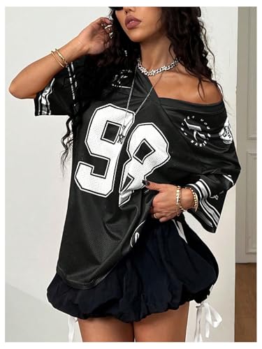 Milumia Women's Number Graphic V Neck Short Sleeve Mesh Jersey T Shirt Y2k Drop Shoulder Oversize Tee Tops4