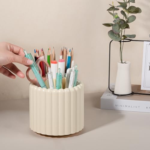Image of Anyoifax 360 Rotating Pen Holder 7 Slots Desk Organizer Removable Pencil Cup Plastic Art Supplies and Accessories Desktop Storage Box Caddy for Office, School, Home (Beige)