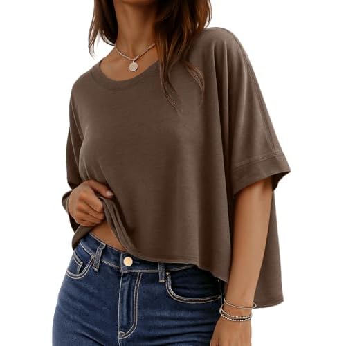 rosemia Oversized Tshirts for Women Summer Graphic Half Sleeve Crop Tops Casual Blouses, Solid Brown, M