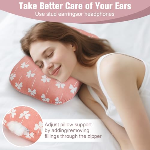 Ear Piercing Pillow for Side Sleeper with Hole for Relief Ears Pain CNH Piercing Pain Sleeping Pressure Sore, Comfortable Support Ear Guard Pillow to a Restful Sleep, Pink Leaf