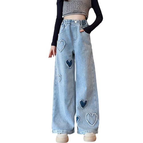Kids Girls Baggy Jeans Heart Print Casual Wide Leg Loose fit Denim Pants Size 5-14 Years