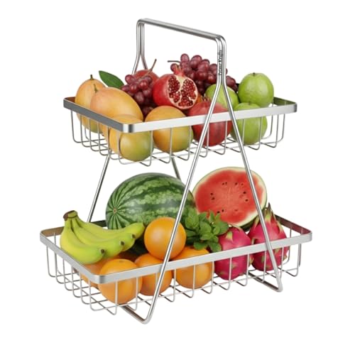 Image of 2 Tier Metal Fruit and Vegetables Basket with Handle | Fruit Vegetables Snacks and Bread Organizer for Kitchen, Dining Table, Livingroom | Bathroom Countertop Stand (Design 2 - Silver)