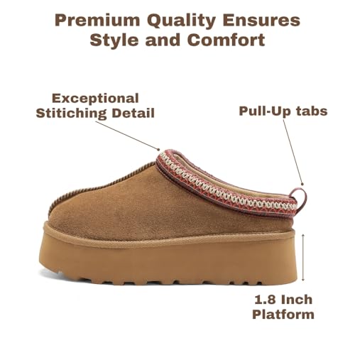 Women's Platform Slippers, Genuine Suede Warm Fleece Lined Anti-Slip Tazz Style for Indoor Outdoor (Black/Chestnut/Sand, US Women Size 6-9)3