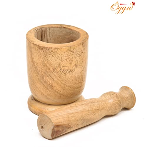 Image of Mango Wood Mortar Pestle Set, Imam Dasta, Natural Wooden Okhli, Spice Mixer Kharal, Kitchen Khalbatta Masher, Ginger Garlic Crusher, Masala Kutni for Cooking