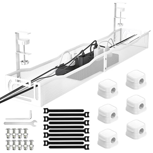 No Drill Under Desk Cable Management Tray, SONATURE 25.3" Cord Organizer for Table, Clamp Mount Desk Cable Management, Premium Carbon Steel Cable Organizer for Office, Home (White)
