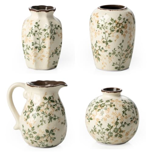 Image of Green Vintage Vase, Chinoiserie Floral Vase, Retro Ice Cracked Ceramic Large Vases for Home Decor, Living Room, Bookshelf, Office, Grand Millennial Decors (20-Green and Beige)