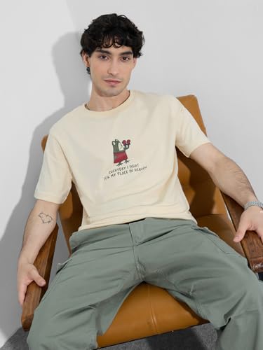 Image of The Souled Store Graphic T-Shirt: Place in Heaven Men and Boys Short Sleeves Round Neck Light Beige Graphic Printed Cotton Relaxed Fit T-Shirts