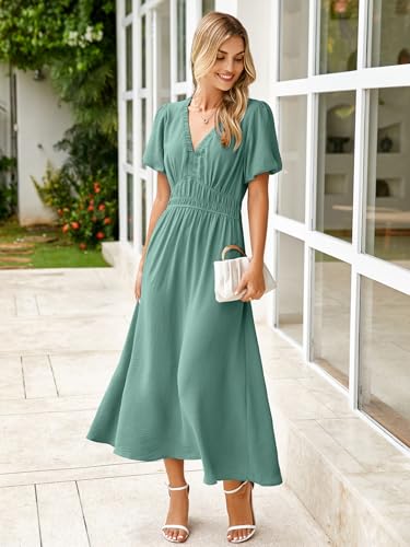 Image of Simplee Women's Summer Flowy Midi Dress Casual V Neck Short Sleeve Empire Waist Boho Beach Dress Wedding Guest Maxi Dress