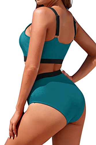 Image of Womens High Waisted Bikini Sets Sporty Crop Top Color Block Swimwear Bandeau Scoop Neck Vintage Two Piece Bathing Suits