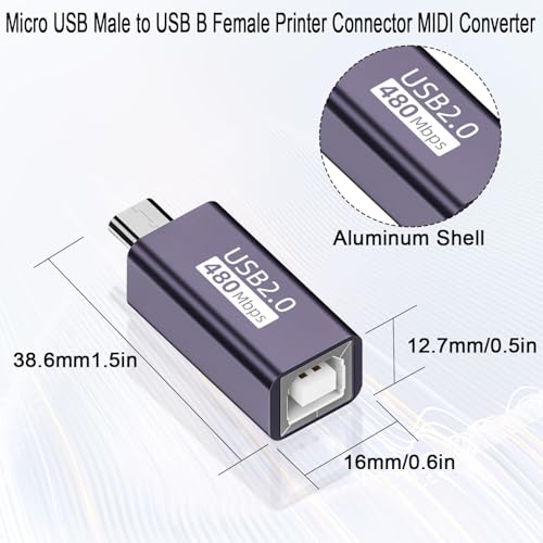 Image of ETZIN Micro USB Male to USB B Female Printer Connector Micro USB Plug to MIDI Jack Electronic Instrument Adapter 480Mbps 7W Charging, Al Housing, for Electronic Piano /Drum Printer Scanner,EPL-1578CC