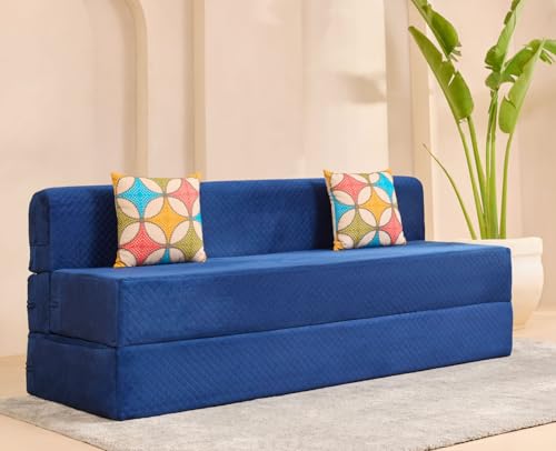 Image of uberlyfe Xtra High, Xtra Soft 3 Seater (6' x 6') Sofa Cum Bed | 1 Year Warranty | 17 inch Sofa Height | King Size Foldable Bed | Plush Laser Quilted Fabric | 2 Cushions Jharokha Pattern | Deep Blue Color