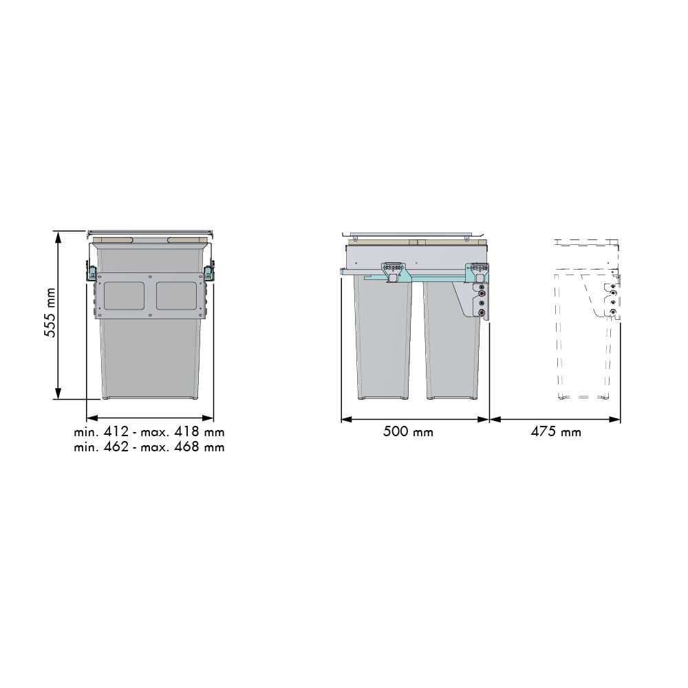 Menage Confort Pattumiera frontale integrata con 2 contenitori da 35 l, per mobili da cucina, larghezza 462-468 mm