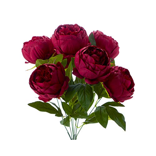 Simply Elegant 18" Artificial English Rose Bouquet - 7 Roses (3.5" X 2.5") With 14 Leaves - (Burgundy) For Home Garden, Office, Flowers Arrangement, Wedding Centerpiece, Diy #TOP1