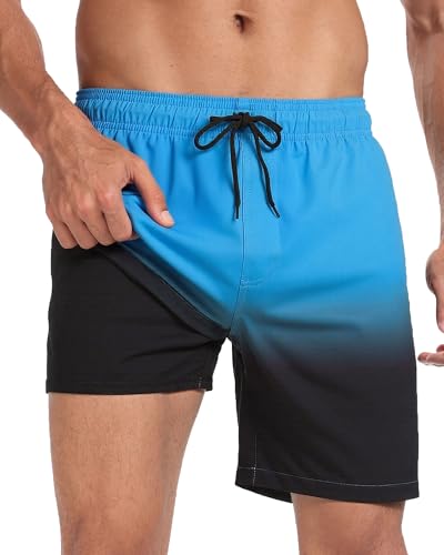 Image of Mens Swim Trunks with Compression Liner 2 in 1 Quick Dry Swimming Shorts Swimwear Bathing Suits with Pockets, 7 Inch-Gradient Blue Black,L