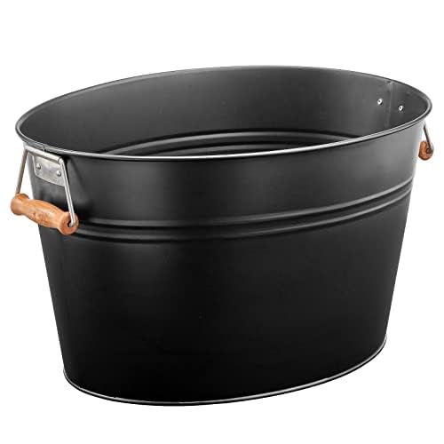 mDesign Large Metal Beverage Tub Oval Cooler for Beer, Wine, Ice, and Drinks - Portable 4.75 Gallon/18 Liter Cold Drink Trough for Parties - Steel Bin Bucket Stand with Bamboo Handles, Matte Black