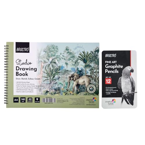 Image of BRUSTRO Artists Fineart Graphite Pencil Set of 12(10B-2H) with Elegant Tin Box With Studio Drawing Book,Blank 80 Pages, Wiro Bound, A4(8.3x11.7 inches), 140 GSM,Perforated Sheets|For Sketching,Writing