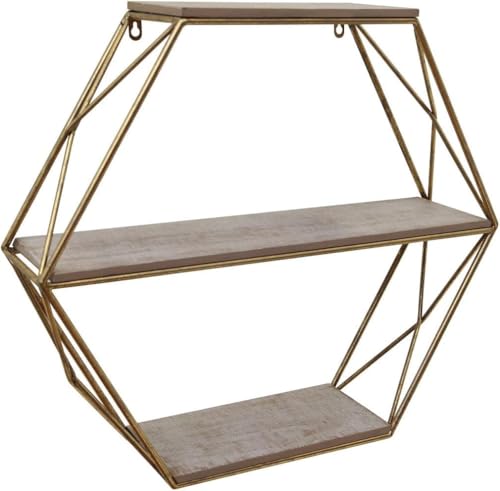 Geometric Decorative Wall Shelf with Gold Finish – 3-Tier Metal