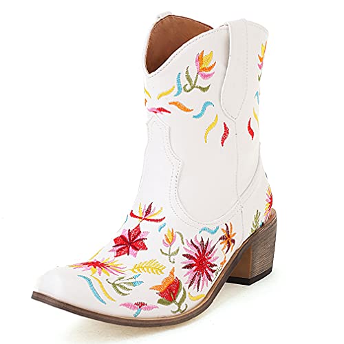 SO SIMPOK Women Classic Cowgirl Boots Ladies Retro Ankle Boots Comfort Embroidered Western Short Boots, 2 White, 5