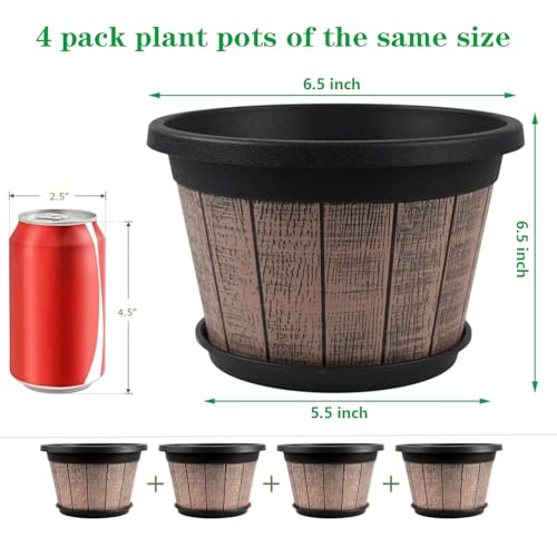 Quarut 4 Pack 8 inch Plant Pot,Upgrade Whiskey Barrel Planters with Drainage Holes & Saucer,Plastic Decoration Flower Pots Retro Design,Planters for Outdoor Indoor Garden Home Plants (Brown) - Image 4