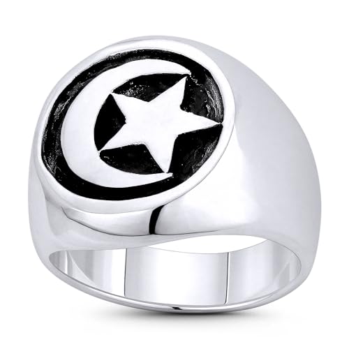 Alfred & Vincent Crescent Moon & Star Turkish Emblem Islam & Muslim Religious Symbol Men's Large Signet Ring in Oxidized .925 Sterling Silver