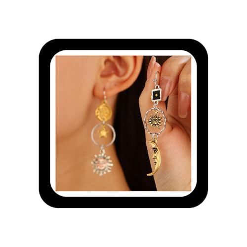 Wendalern Sol Luna Estrella Pendientes Colgantes Asimétricos Sol Luna Cara Gota Pendientes Mismatch Sol Creciente Gancho Pendientes Redondos Cuadrados Declaración Celestial Joyería Para Las Mujeres