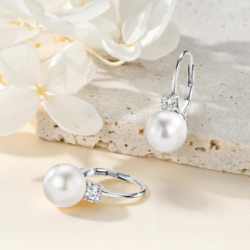 Pearl Hoop Earrings for Women, Sterling Silver Freshwater Cultured White Pearl Drop Dangle Earring Wedding Jewelry Gifts for Bride3