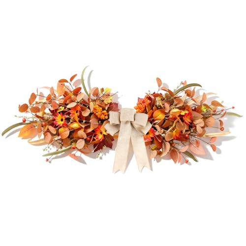 24 inch Fall Teardrop Swag Autumn Floral Swag Wreath with Bow Daisy Artificial Maple Leaves Thanksgiving Front Door Swag Hanging Decorative for Harvest Farmhouse Arch Wall Home Indoor Outdoor Holiday