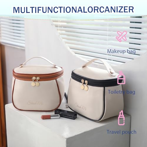 Makeup Bag Toiletry Bag for Women Portable Cosmetic Organizer with Brush Holder Waterproof Travel Toiletry for Women with Handle and Divider(Brown white)4