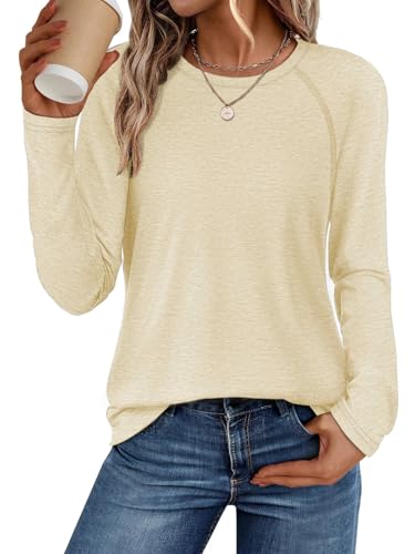 ATHMILE Women's Casual Batwing Long Sleeve T Shirt Round Neck Basic Loose Tunic Tops Cream