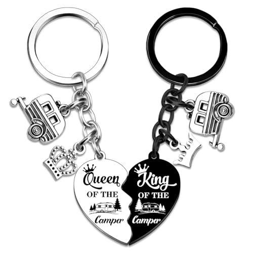 MigPio 2PCS Camper Keychain Gifts for Women Men Camper Accessories Camping Gifts for Couples Rv Trailer Accessories Queen King Camping Keyring Campings Stuff for Rv Owners