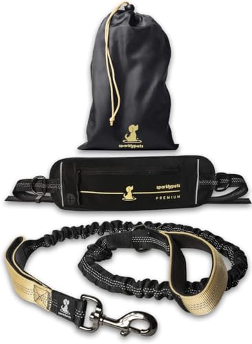 Guinzaglio mani libere per cani di taglia media e grande – guinzaglio per correre con il cane per addestramento, camminata, jogging e corsa con cani (Premium Oro, Per 1 Cane)