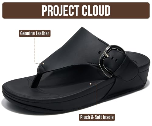 Image of Project Cloud Genuine Leather Women's Sandals - Thong Flip Flops with Plush Soft Insole, Arch Support & Non Slip Outsole - Comfortable Beach & Summer Slides