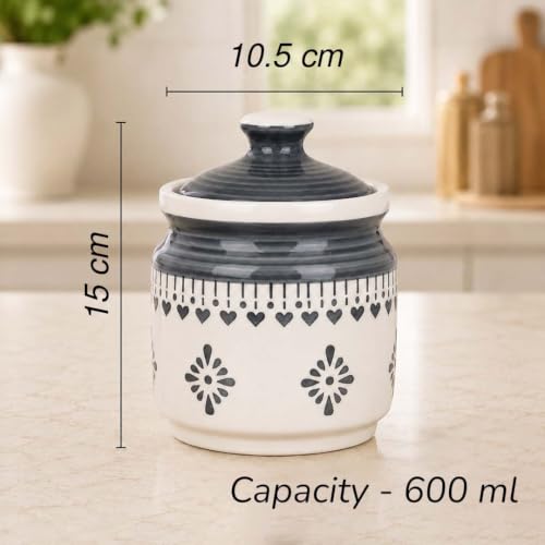Image of The Earth Store Grey Drape Pickle Jar Set of 1 - 600ML Ceramic Jar for Kitchen Storage | Microwave & Dishwasher Safe Achar Container | Pickle, Salt & Spice Storage Jar | Barni Jar