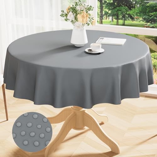 Image of Smiry Round Table Cloth 60 Inch, Waterproof Wipeable Vinyl Tablecloths Protector, Oil Spill Proof Plastic Table Cover for Dining, Picnic, Camping, Outdoor, Grey