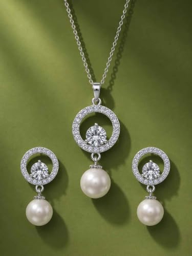 Image of CLARA 925 Sterling Silver Dante Pearl Pendant Earrings Chain Jewellery Set