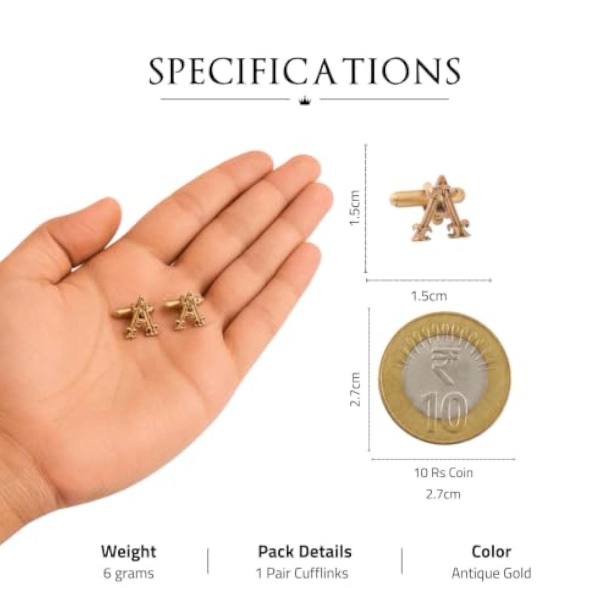 Men's Antique Gold Brass Royal Alphabet A Cufflinks