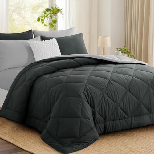 Aisbo Coverless Duvet King Size 10.5 Tog - 230x 220cm, Dark Gray Cosy and Lightweight Quilt, Reversible Comforter with 2 Pillowcases, Dark Grey/Light Grey