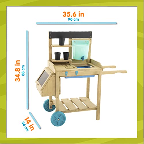 Image of TP Toys Kids Potting Bench, Outdoor Wooden Toy Toddler Gardening Table with Wheels, Sink & Faucet, Storage Shelves, Planting Pots, Durable, Weatherproof Backyard Playset for Kids Age 3+ Years