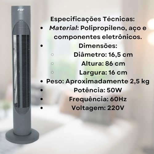Ventilador de Torre portátil 3 Níveis de Velocidade, 220V, silencioso,50W,60Hz,Velocidades: 3 ajustá