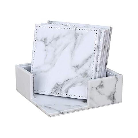 GORESE Set of 6 Drink Leather Coasters with Holder (Square Marble Pattern) Cover