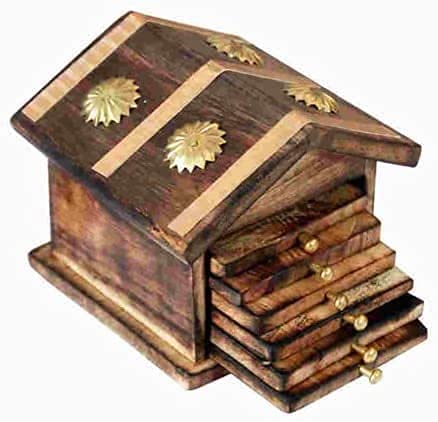 Shaber Handi Craft Wooden & Brass Antique Hut Shape Coaster Set with Holder, Handmade Mango Wood Tea Coaster, Table Coasters for Coffee Mugs, Glasses & Cups, Home Decor & Gift | Brown-image-25