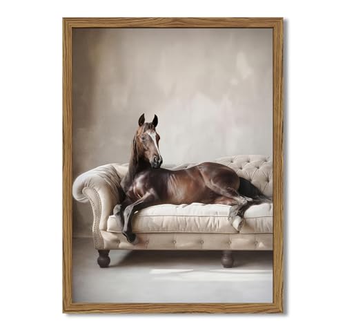Framed Funny Horse Canvas Wall Art, Vintage Western Brown Horse On Sofa Pictures Wall Decor, Rustic Farmhouse Animal Paintings Prints for Living Room Bedroom Office Dorm 12x16 inch