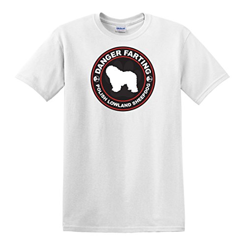 fagraphix Men's Danger Farting Polish Lowland Sheepdog T-Shirt X-Large White