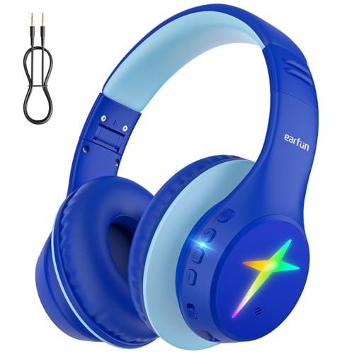 EarFun Bluetooth Kopfhörer Kinder 5 LED-Beleuchtungsmodi 74/85/94 dBA Lautstärkebegrenzung 90 Std Akku Hi-Fi Klang HD-Mikrofon Bluetooth 5.4 Faltbare Kopfhörer Kabellos Kinder für Schule/Reise