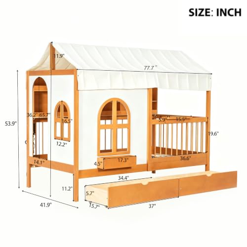 Image of House Bed with Tent and Bookshelf, 2 Drawers, USB Charging