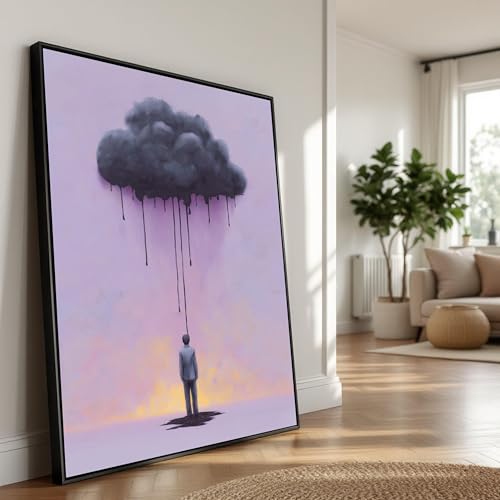 Nuage noir dégoulinant sur toile surréaliste, œuvre d'art mélancolique et poétique