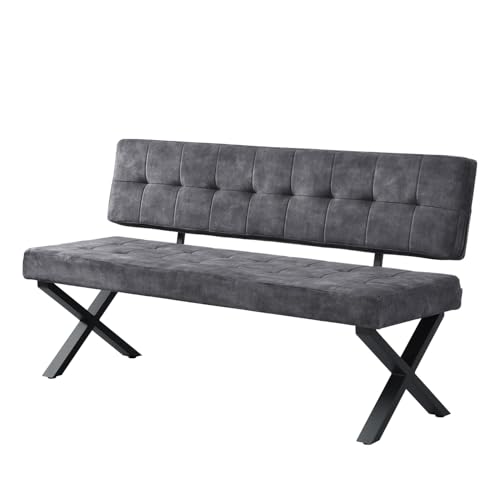 B&D home® Sitzbank Karen 160 cm – gepolsterte Esszimmerbank mit Rückenlehne, X-Metallgestell schwarz, Webstoff/Microfaser in Anthrazit, modern Industrial Design für Esszimmer, Küche & Flur