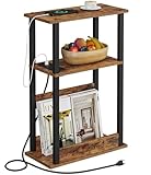 VIMBER Narrow Side Table with Charging Station, 7.8' Skinny End Table for Small Spaces, Sofa Beside Table with Storage Shelf, Slim Nightstand with USB Ports Outlet, Rustic and Brown UTBT003F