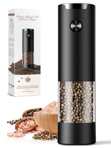 Electric Salt and Pepper Grinder Set Automatic Battery Pepper Mill Shakers Adjustable Coarseness Easy Filling Upgraded Larger Capacity with Led (1 Pack Black）